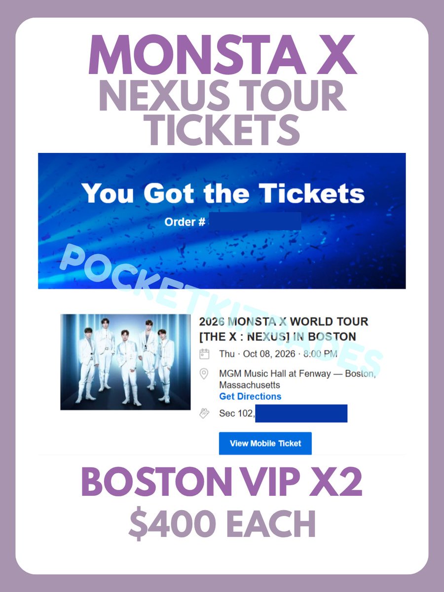 pocketki_trades's tweet photo. [wts] Monsta X NEXUS Boston VIP tickets

DISCOUNTED!! $400 EACH, ONLY SELLING TOGETHER
(original price is $465.50!)

I'll send you a photo of my ID so you can pick up the vip benefits

if I don't see ur dm, pls reply to this tweet https://t.co/bNWMHYpb4V