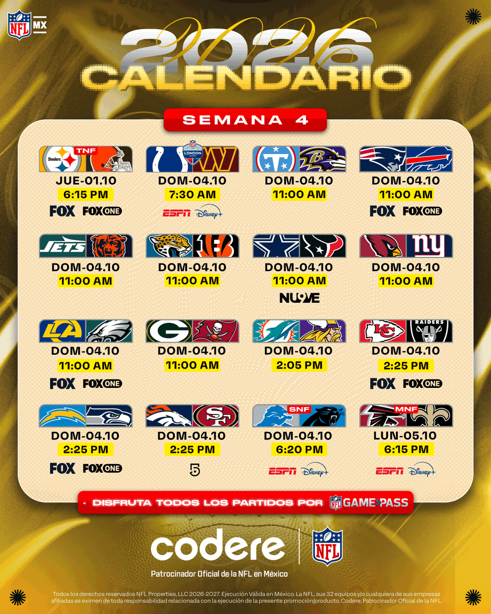 nflmx's tweet photo. Semana 4 de la NFL y más de uno puede dar la sorpresa 👀
¿Cuáles son tus predicciones para esta semana?🙂‍↔️🏈
Presentado por Codere MX

📺💻 @somos_FOX | @ESPNmx  | @disneyplusla | @TUDNMEX https://t.co/CDitlXwqda