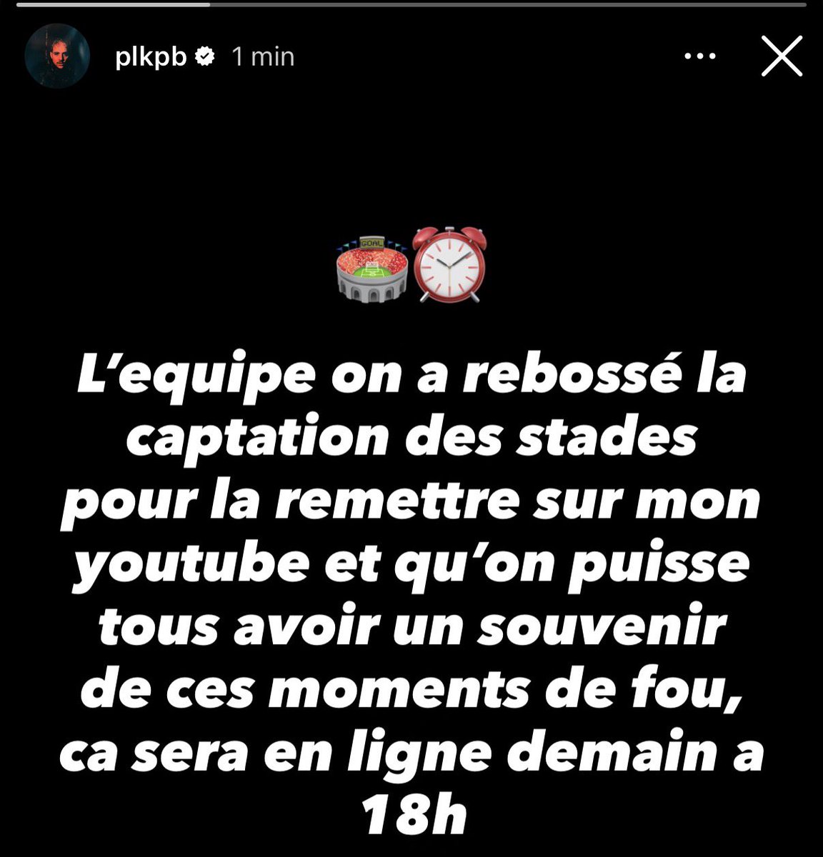 60SecondesPLK's tweet photo. 🚨 La captation vidéo du concert au Stade de France sera de retour demain à 18h sur la chaîne YouTube de PLK ! https://t.co/yqkYayP0WK