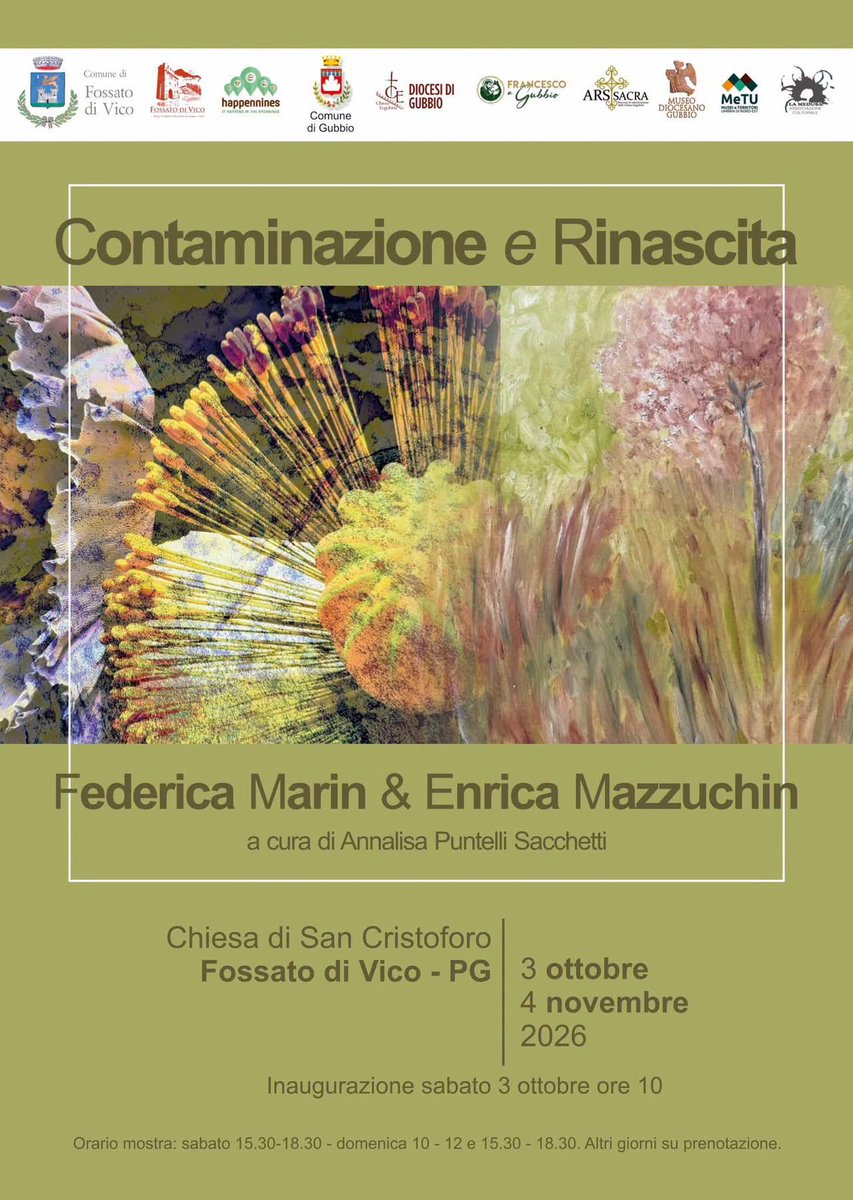 GPuntelli's tweet photo. Sabato alle 10 nella Chiesa di San Cristoforo a Fossato di Vico l’inaugurazione di Contaminazione e Rinascita, la mostra dei maestri Federica Marin ed Enrica Mazzuchin a cura della storica dell’arte e autrice Annalisa Puntelli Sacchetti. Sarà l’incontro significativo di due modi di fare arte contemporanea nel segno della ricerca che sa cogliere percezioni, trasformazioni e nuove consapevolezze.