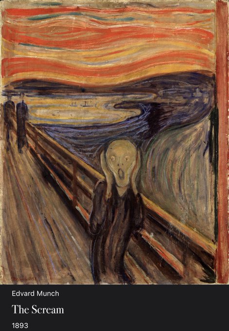 Edvard Munch's iconic 1893 painting 'The Scream,' depicting a skeletal, agonized figure against a swirling, blood-red sky.