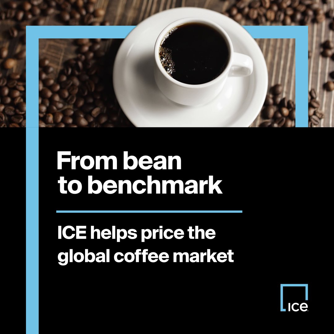 ICE (Intercontinental Exchange) marketing poster titled 'From bean to benchmark' with the subtitle 'ICE helps price the global coffee market,' featuring a top-down image of a white coffee cup surrounded by coffee beans.