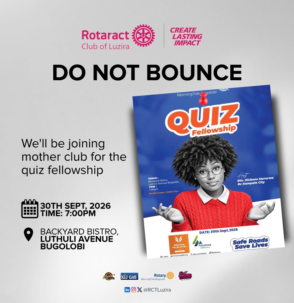 RCTLuzira's tweet photo. It’s a Quiz Night with our mothers @RcMorningTide
Come ready to test your knowledge, make memories, laugh a little too loud and enjoy some good fellowship.
📍 Backyard Bistro
🗓️ 30th Sept
⏰ 7PM
#Rotaractlegacy
#Tiderslove
#Wardens https://t.co/A6oSWErvv6