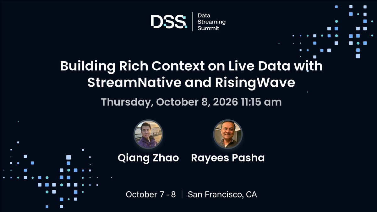 apache_pulsar's tweet photo. AI agents don’t just need events. They need context that stays current.
At #DSS26, StreamNative + RisingWave will show how Kafka and Pulsar streams can become a continuously updated, queryable context using streaming SQL and materialized views.

👉 Explore more + register: https://t.co/irWXguoX4x

#DSS #StreamingData #AIInfrastructure