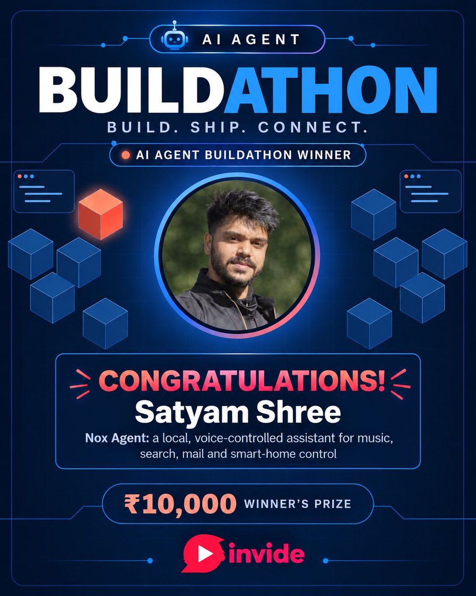 Invide_Labs's tweet photo. 🏆 We have a winner!

Congratulations Satyam Shree, winner of the AI Agent Buildathon! 🚀

Nox Agent turns voice commands into actions - music, search, mail, reminders &amp; smart-home control.

Local-first. Voice-first. Built for everyday use.

#AI #AIAgents #Buildathon #Invide https://t.co/TVo0pErltK