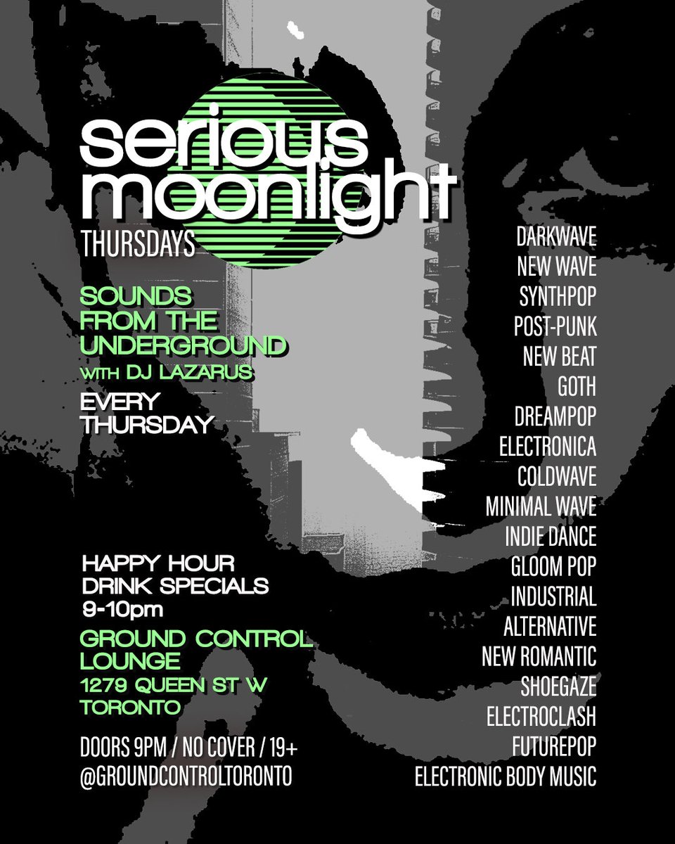 djlazarusrocks's tweet photo. Thursday October 1, 2026
SERIOUS MOONLIGHT Thursdays
Sounds From The Undergroud with DJ Lazarus
*WIN tix to see TEAR GARDEN*
Happy Hour 9pm-10pm
Ground Control Lounge - 1279 Queen St West - Toronto
Doors 9pm - NO COVER - 19+ Event
#toronto #torontolife #rorontoevents #teargarden https://t.co/Ap5VY9PdW6