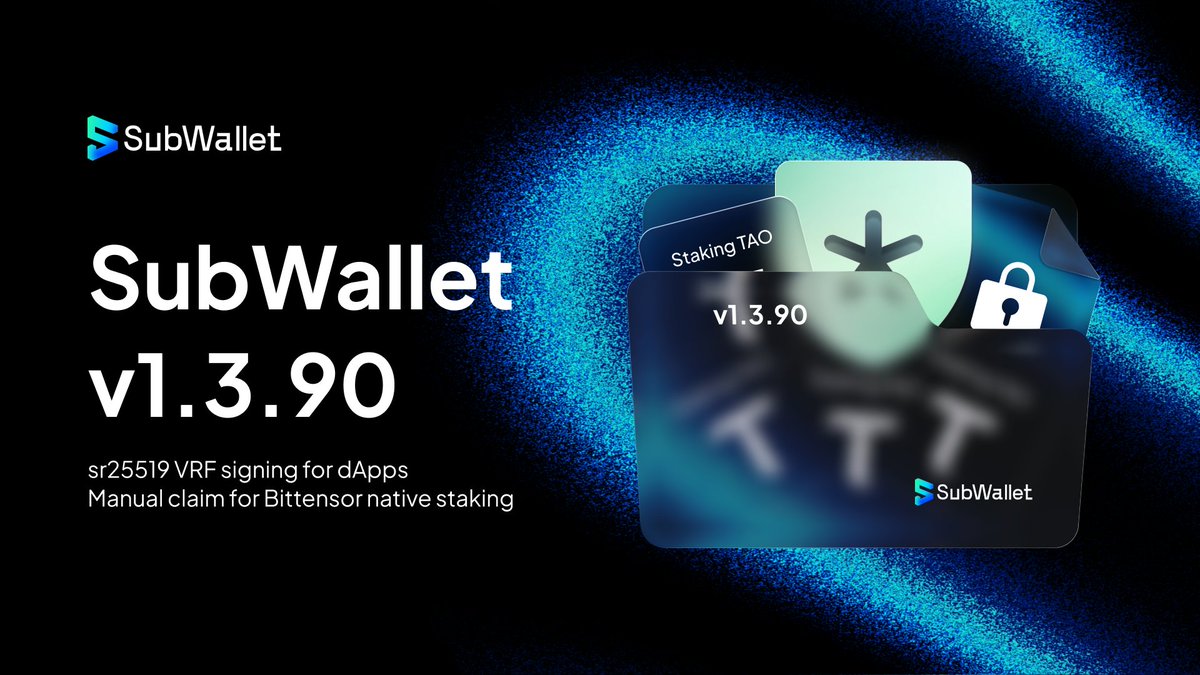 subwalletapp's tweet photo. SubWallet v1.3.90 is live 🚀

Two updates worth knowing:
✅ sr25519 accounts now work with more privacy/ZK dApps
✅ Bittensor staking rewards can now be claimed manually, whenever you want

Here's the full update 👇 https://t.co/9wM9uRxtPu