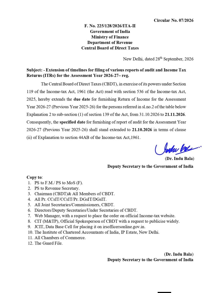 lodhi_anshuman's tweet photo. CBDT issues Circular No. 07/2026 dated 28.09.2026 extending timelines for filing various reports of audit and Income Tax Returns for Assessment Year 2026-27 https://t.co/1UFX3suCx3