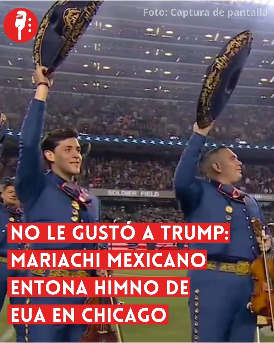 ReporterosMX_'s tweet photo. ⭕ OJO | NO LE GUSTÓ A TRUMP: MARIACHI MEXICANO ENTONA HIMNO DE EUA EN CHICAGO

El Mariachi Herencia de México, agrupación originaria de Chicago, protagonizó uno de los momentos más llamativos de la jornada de la NFL al interpretar el Himno Nacional de Estados Unidos antes del duelo entre los Chicago Bears y Philadelphia Eagles. En redes ya circulan bromas sobre cómo habría reaccionado Donald Trump al ver y escuchar el momento. https://t.co/JXoqt6DOoY