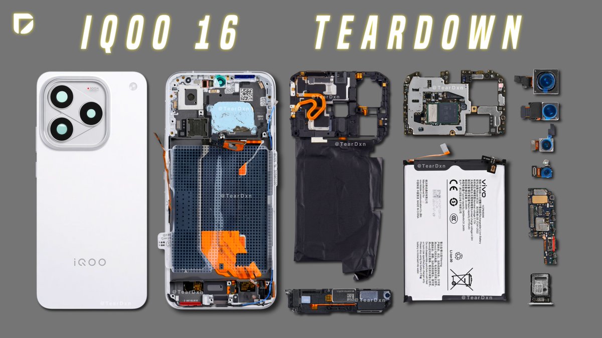 Techtaclee's tweet photo. New Video: iQOO 16 TEARDOWN (Disassembly) - See What's Inside this Phone!
.
Video Link: https://t.co/xLNBrMObX8
.
#iQOO16 #Teardown #TearDxn #iQOO https://t.co/hW2EyfLL3L