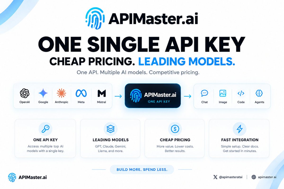 apimasteratai's tweet photo. 🚀 ONE API KEY. THAT’S IT.

Stop juggling different API keys for every AI provider.

https://t.co/hLGLcXG7Pq gives you one single API key to access leading models across:

🤖 OpenAI
🧠 Claude
✨ Gemini
🌐 Llama
⚡ And more

💰 Competitive pricing
🔑 One key
⚡ Fast integration
🧩 Multiple models

Build more. Spend less.

𝕏 @apimasteratai
🌐 https://t.co/hqnBJKcdKy