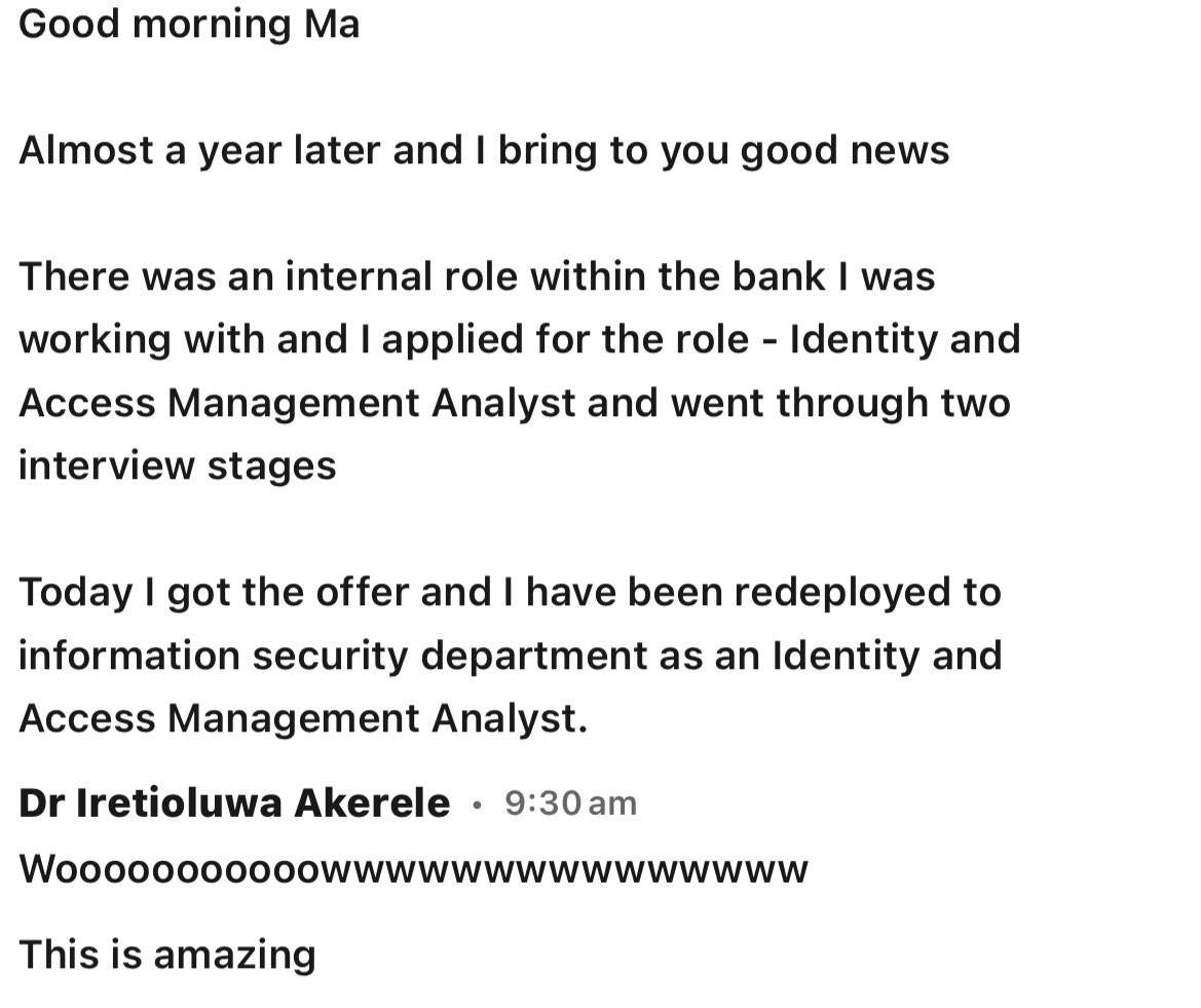 ireteeh's tweet photo. One year after joining CyBlack bootcamp, she is starting a new role as an Identity and Access Management Analyst ❤️✨

CyBlack >>>>>>>>>>>>>>>>>> https://t.co/eYLuvNRr1x