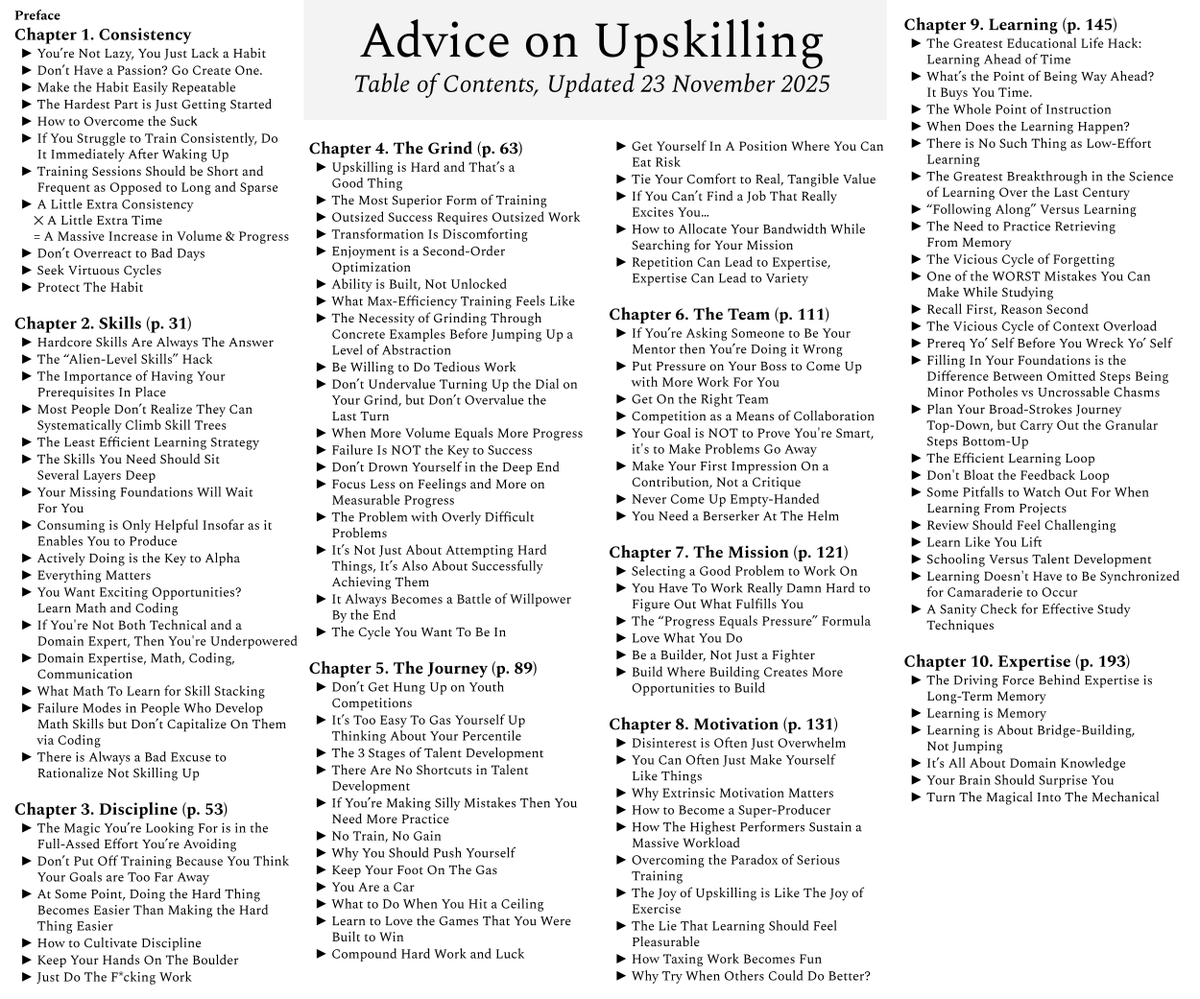 justinskycak's tweet photo. Speaking of career advice

Here are 124 actionable tips on consistency, skills, discipline, the grind, the journey, the team, the mission, motivation, learning, and expertise.

PDF freely available: https://t.co/BrVswGupEw https://t.co/vlTzN94jzA