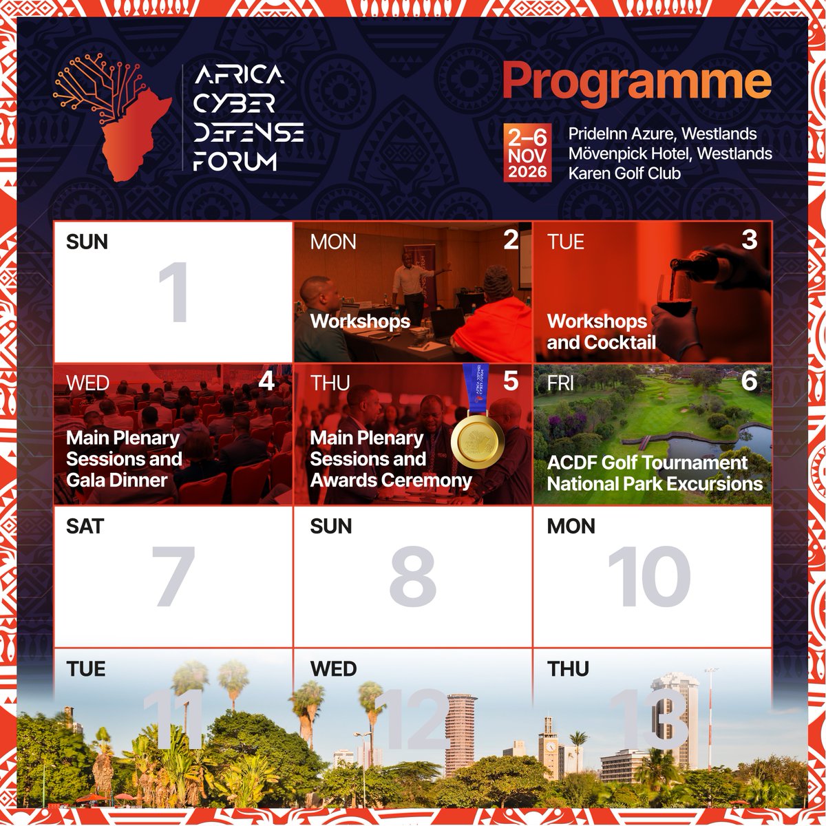 AcdfNetworks's tweet photo. The #ACDF2026 programme is live.

We begin at PrideInn Azure on 2–3 November with workshops in AI, digital forensics, SOC operations and threat intelligence. Tuesday also brings the Women in Cybersecurity Breakfast, the ACDF Startup Hub opening showcase and an executive war game.

On 4–5 November, the Forum moves to Mövenpick Hotel and Residences Nairobi for the main plenary sessions. The week closes on 6 November with a Nairobi National Park excursion, golf at Karen Golf Club and the awards lunch.

Take a look and plan your week in Nairobi:
https://t.co/Ao7ftluM8U

#ACDF2026 #Nairobi