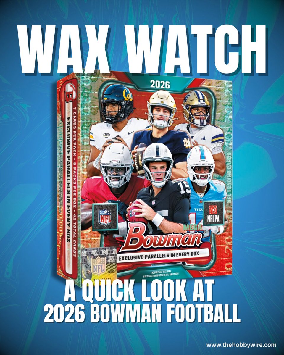 TheHobbyWire's tweet photo. 2026 Bowman Football drops tomorrow. 
We're torn on this one. The '26 rookie class is weak but the prospects look great. 

Might pickup a couple blasters for fun. What formats are you looking at?

#thehobby #bowman @CardPurchaser https://t.co/ETVuXZmbE5