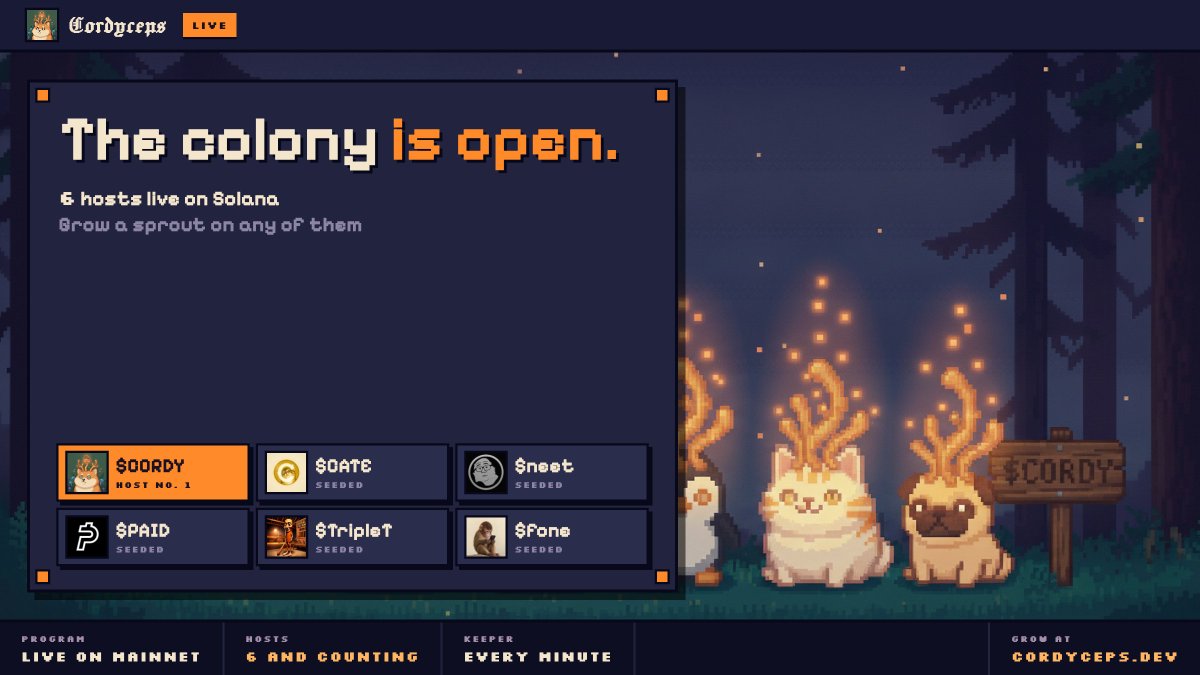 cordyceps_sol's tweet photo. The colony is open

Cordyceps is live on Solana mainnet

$CORDY is host no. 1, with $CATE, $neet, $PAID, $TripleT and $fone growing next to it

Grow a sprout on any of them, and every trade of it burns its host

https://t.co/sQTfxrnezh https://t.co/yPP7NiN0ui