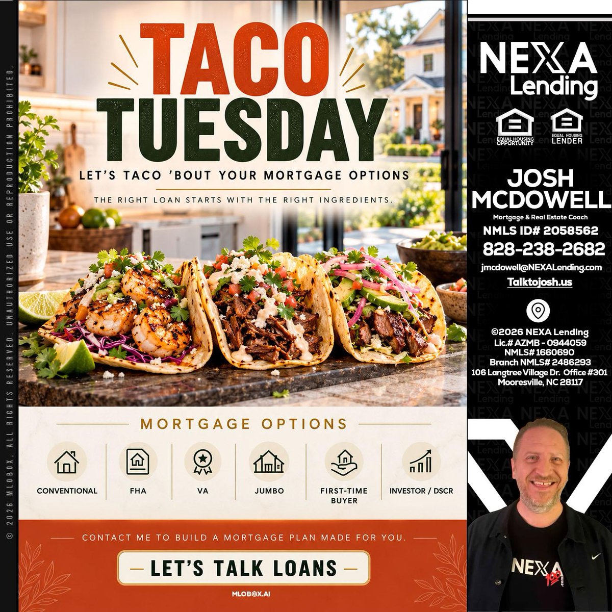 joshlive's tweet photo. It's Taco Tuesday! 🌮 Let’s taco 'bout how to spice up your mortgage options. The right loan starts with the right ingredients! Contact me to get started. #TacoTuesday #MortgageOptions

 📧 jmcdowell@nexamortgage.com

 📞 8282382682 https://t.co/yVVUy4JCfM