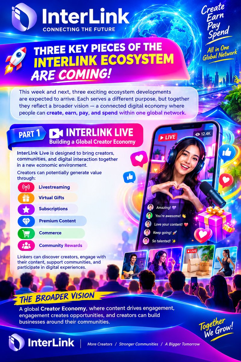 paseli51572's tweet photo. 🚀 THREE KEY PIECES OF THE INTERLINK ECOSYSTEM ARE COMING! 🌐💙
This week and next, three exciting ecosystem developments are expected to arrive. Each serves a different purpose, but together they reflect a broader vision — a connected digital economy where people can create, earn, pay, and spend within one global network.
🎥 PART 1 — INTERLINK LIVE
Building a Global Creator Economy
InterLink Live is designed to bring creators, communities, and digital interaction together in a new economic environment.
Creators can potentially generate value through:
🎥 Livestreaming
🎁 Virtual Gifts
⭐ Subscriptions
💎 Premium Content
🛍️ Commerce
🤝 Community Rewards
Linkers can discover creators, engage with their content, support communities, and participate in digital experiences.
@kv_interlink 
@reina_itl 
@MaheshMagnus1 
@inter_link 
@interlinklabsas
#interlink #itlg #itl