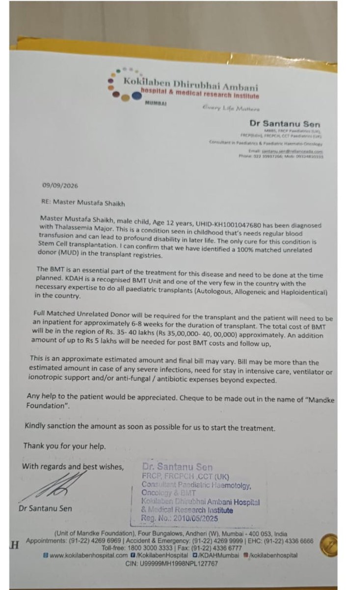 Ashrafee0055's tweet photo. 🚨 Urgent help needed! A child in Andheri, Mumbai has Beta-Thalassemia Major and needs a bone marrow transplant at Kokilaben Hospital within weeks. The family needs ₹45,00,000.
Please donate or share 🙏
https://t.co/gpfxr5giJa
#Mumbai #Thalassemia #Milaap https://t.co/B7jLYDEfWf
