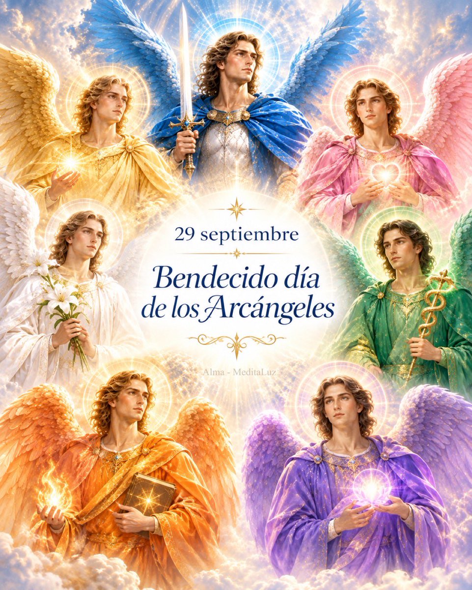 MeditaLuz_Arc's tweet photo. Que Miguel te dé fuerza, Jofiel claridad, Chamuel amor, Gabriel esperanza, Rafael sanación, Uriel luz abundancia y Zadkiel libertad para soltar aquello que ya cumplió su propósito.

Que recibas sus bendiciones hoy, mañana y siempre.
💙💛🩷🤍💚🧡💜

🌀Afirma
Siete luces me acompañan, me guían y protegen.
🙏🏻♾️🕊️🙌🏻🕊️♾️🙏🏻