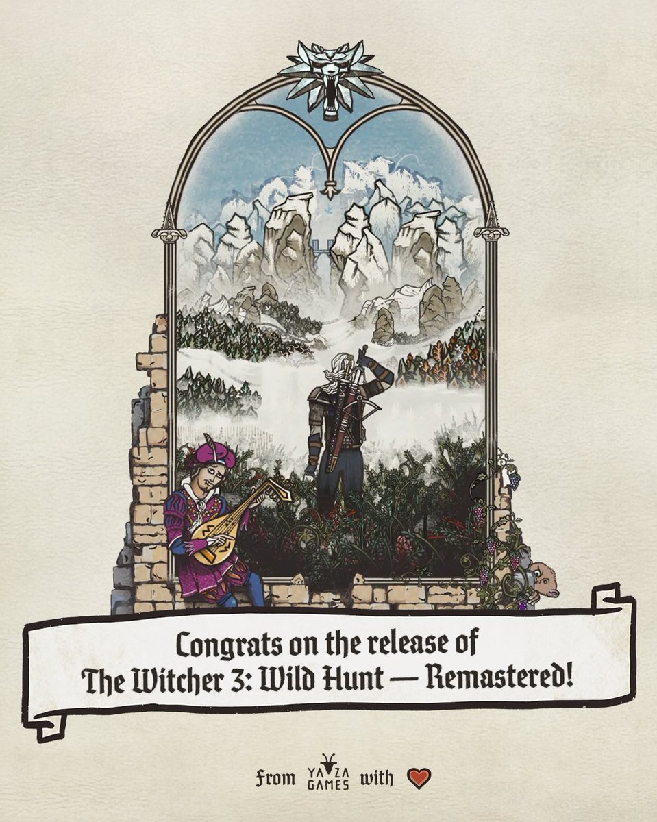 YazaGames's tweet photo. Huge congrats to our friends at @CDPROJEKTRED on the release of The Witcher 3: Wild Hunt - Remastered!

Thank you for inspiring us as a studio all these years ago. We drew a little @thewitcher manuscript tribute to celebrate! ❤️ https://t.co/4fh5yZ7TvU