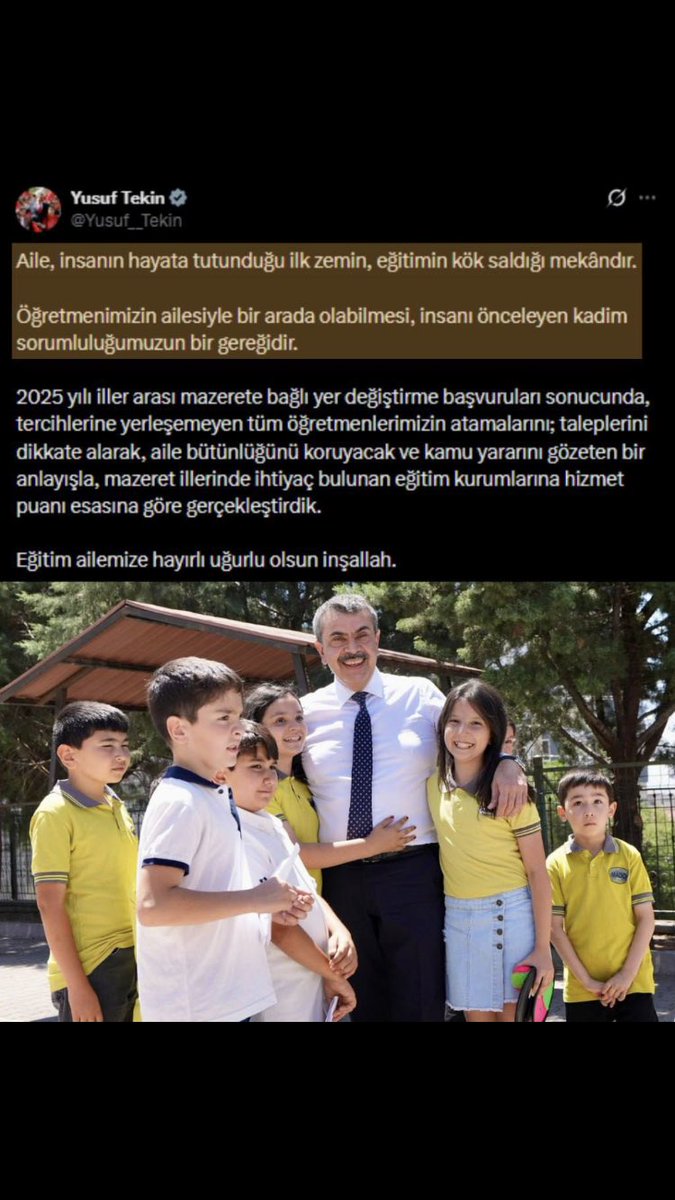 usameyapici's tweet photo. Sayın @Yusuf__Tekin, İnsan, ailesiyle birlikte olduğunda güç bulur; öğretmen de bu güçle görevine daha huzurlu sarılır. Aile bütünlüğünün korunması için mazeret sahibi öğretmenlerimizin durumlarının hassasiyetle değerlendirilmesini talep ediyoruz. Aile #ProtokoleVARöğretmeneYOK birliği başta olmak üzere mazeretlerimizin giderilmesini ve ihtiyaç hâlinde il emri uygulanmasını talep ediyoruz. @RTErdogan @cftcblnt @oktay_saral @_cevdetyilmaz @hasandogan