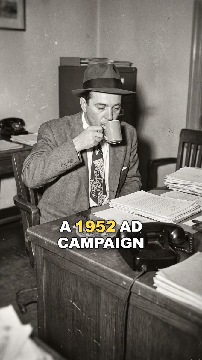 A man in a fedora and suit sips from a coffee mug at a 1950s-era office desk, with bold yellow and white text overlay reading "A 1952 AD CAMPAIGN." The image ties to the post by visually establishing the opening premise of a documentary-style ad that traces the history of the "coffee break" from its 1952 advertising origins through later decades.
