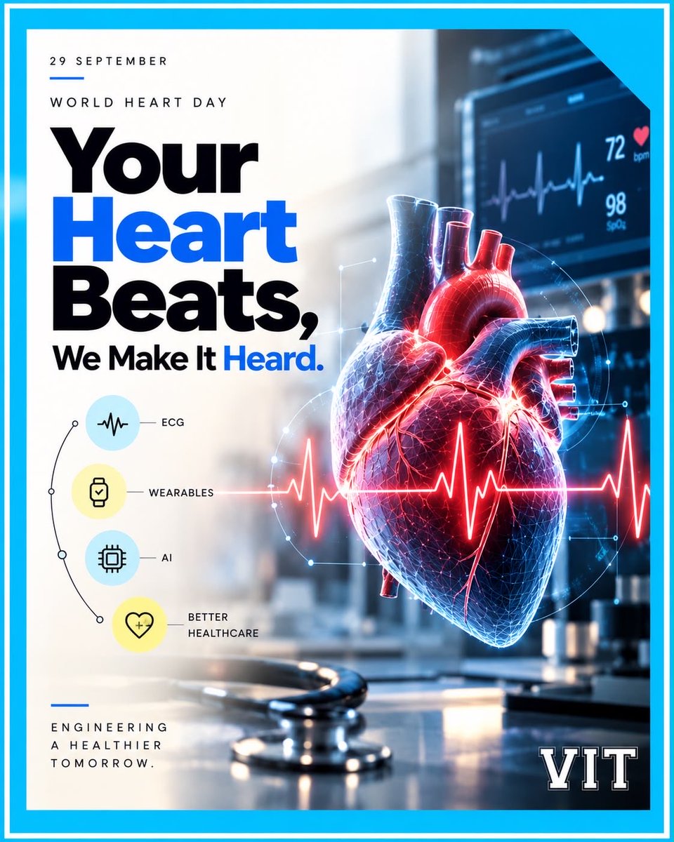 VIT_Vidyalankar's tweet photo. Your heart beats, we make it heard. ๐ฉบ
This World Heart Day, we celebrate the intersection of biology, engineering and innovation, where every beat can tell a story.
#WorldHeartDay #VIT #BiomedicalEngineering #HealthcareInnovation #Bioengineering #EngineeringForGood #Innovation https://t.co/bYqt8DUZox