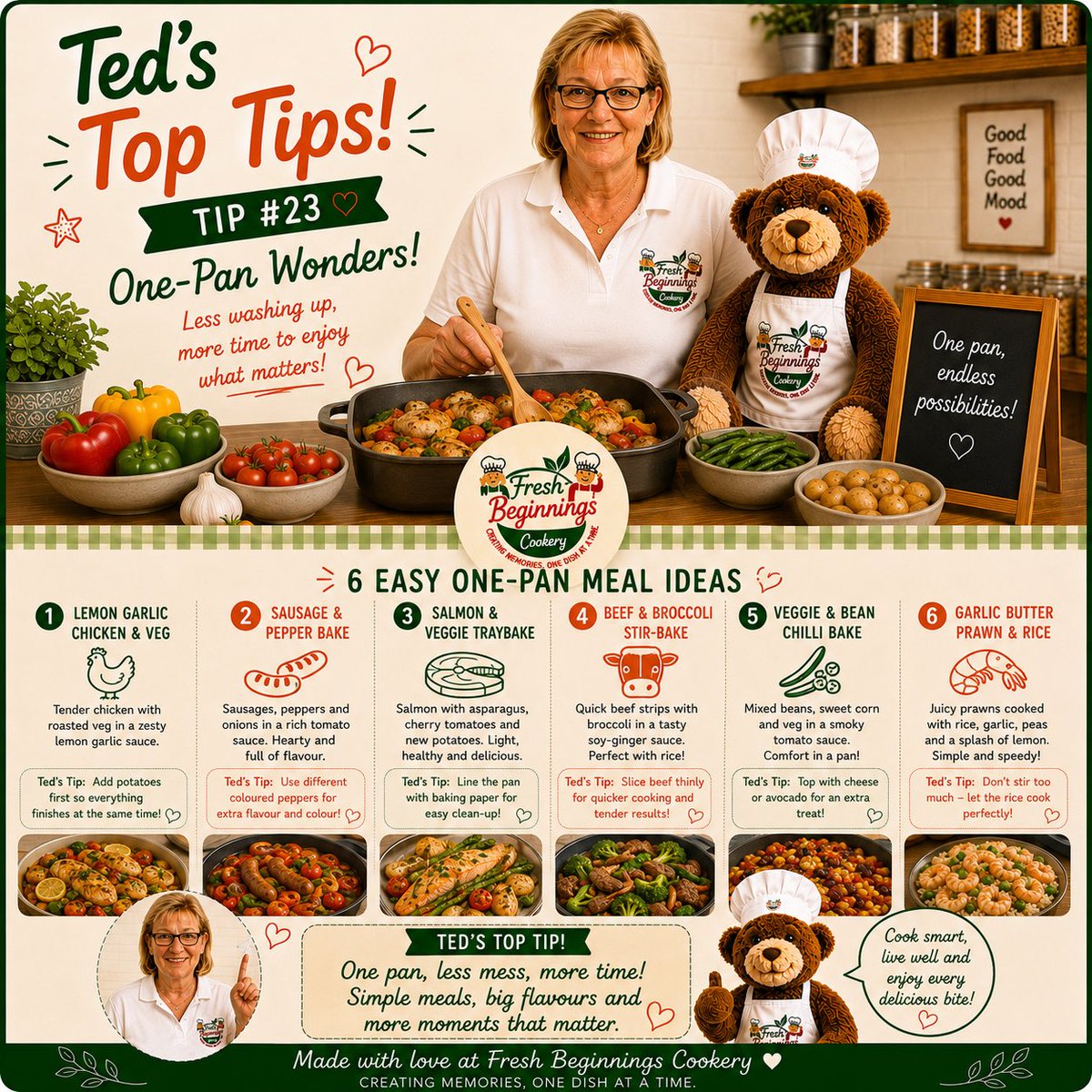 FreshBeginning5's tweet photo. 🍳 One pan, less mess, more time! ❤️
Easy meals, big flavours and hardly any washing up — Ted’s sharing some delicious one-pan ideas to make busy mealtimes a little easier! 🧸👩🍳
#TedsTopTips #OnePanMeals #EasyCooking #FreshBeginnings #FamilyMeals https://t.co/bzaQ9MCXlj