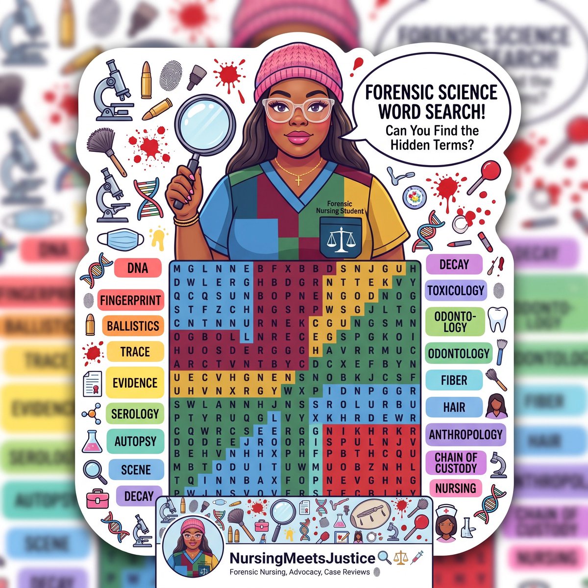 NursingJustice's tweet photo. Test your forensic eye! 🔍⚖️
What is the first word you spot in the grid? Drop it in the comments below! 👇
Follow @NursingMeetsJustice for more forensic nursing education and insights.
JPG

#ForensicNursing #NursingMeetsJustice #ForensicScience #NurseLife #TraceEvidence https://t.co/RfcQ0j86VG