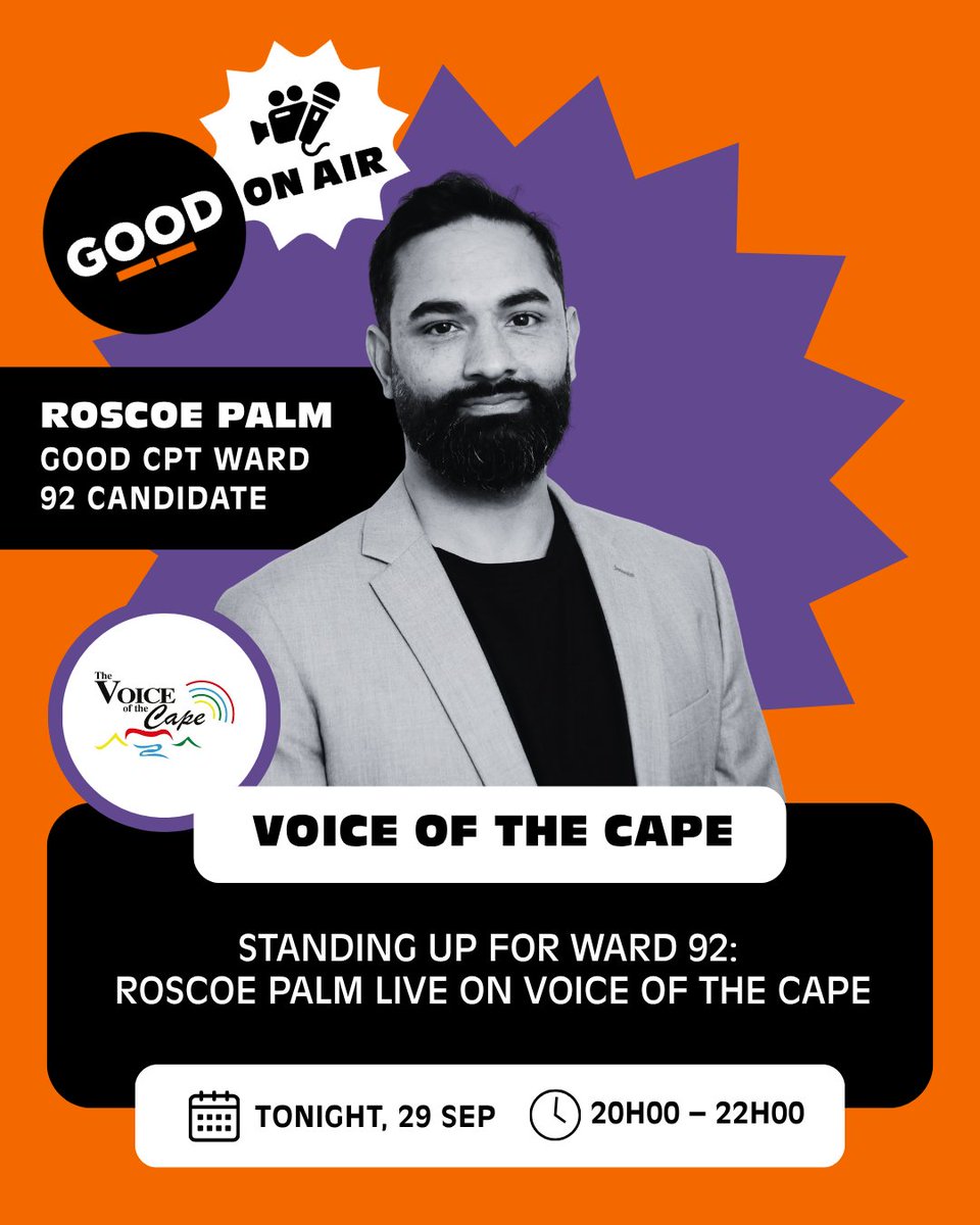 ForGoodZA's tweet photo. GOOD CPT Ward 92 Candidate Roscoe Palm joins Voice of the Cape (91.3 FM) on In Focus to tackle the real issues in Salt River, Woodstock, Walmer Estate, Observatory, District 6 & University Estate.
Tune in from 20h00 – 22h00 and join the conversation! 🎙️
#GOODParty #Ward92 #CapeTown #VoiceOfTheCape