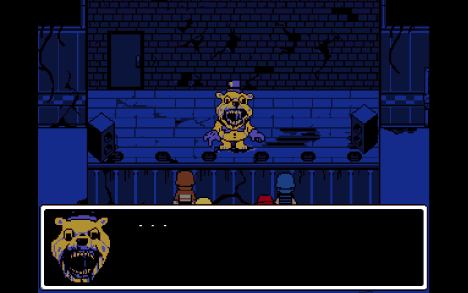 A pixel art scene from the game Undertale showing characters facing a golden animatronic bear-like creature in a dark room, with a dialogue box below.