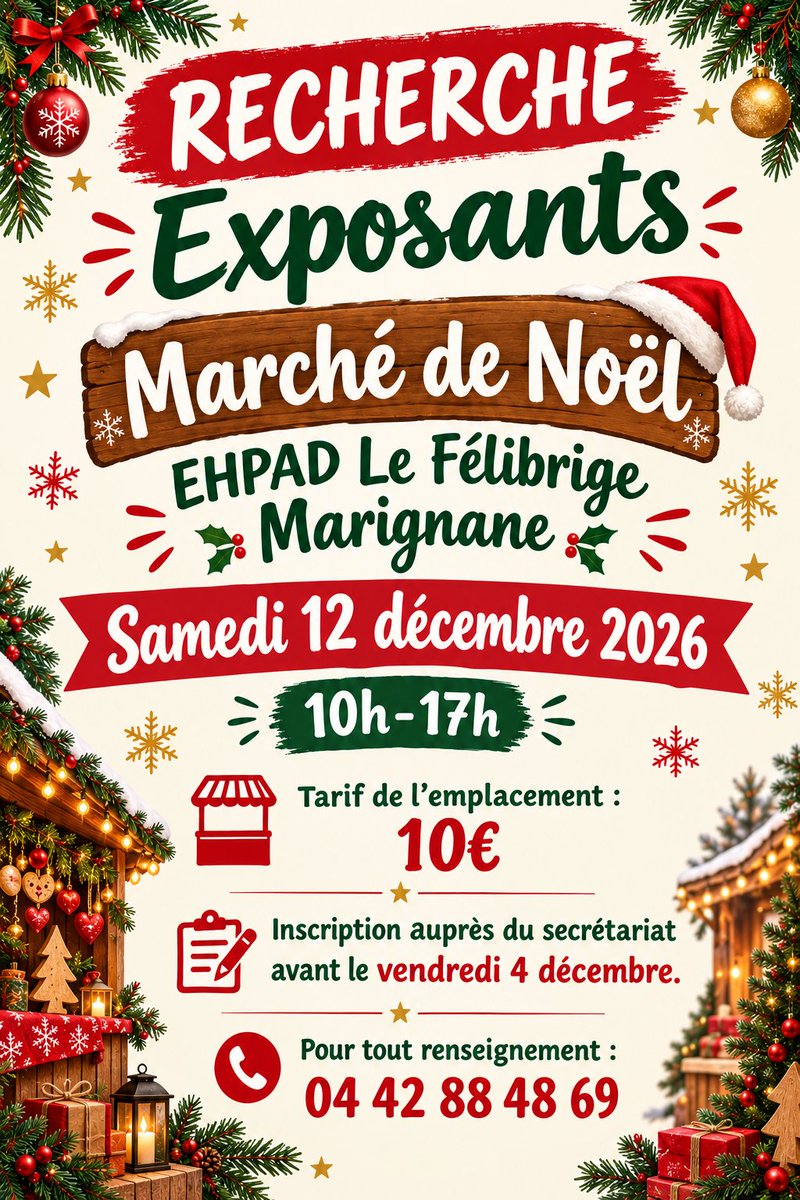 CHMartigues's tweet photo. L’Association Aquarelle qui regroupe les résidents, proches et professionnels de l’EHPAD Le Félibrige à Marignane organise un marché de Noël le samedi 12 décembre.
Des exposants sont recherchés pour cette journée festive !
Renseignements et inscriptions au 04 42 88 48 69 https://t.co/dsiHPrBgzV