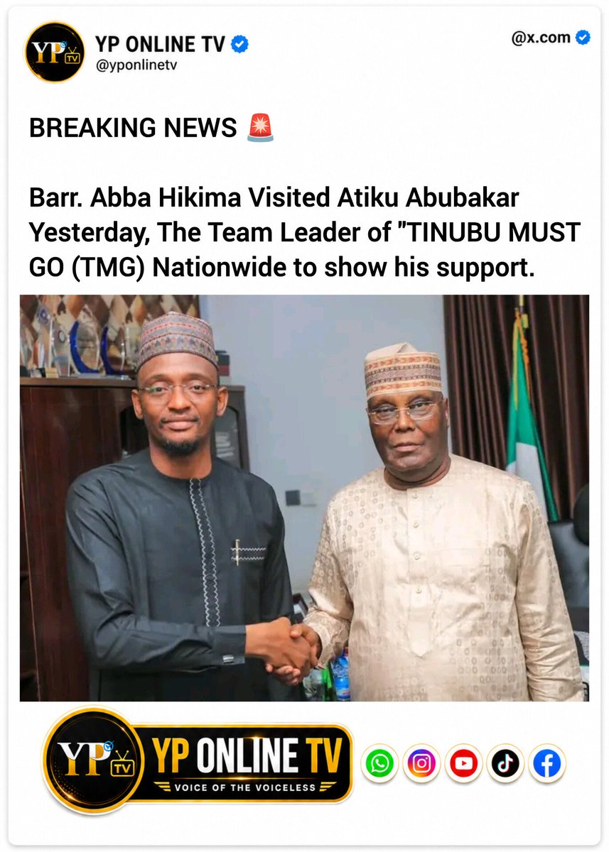 YPonlineTV's tweet photo. ADC presidential candidate Atiku Abubakar has met with the leader of the “Tinubu Must Go” movement, Barrister Abba Hikima.

The meeting comes after Atiku won a presidential poll conducted by the group on social media, securing 73.6% of the votes cast. https://t.co/WEsTkwp0BG