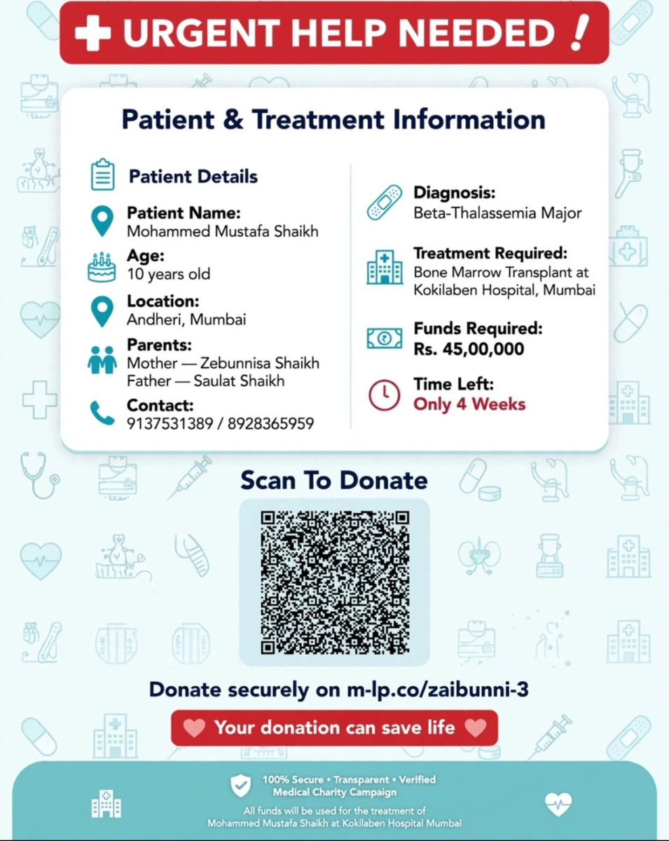 mizaab786's tweet photo. 🙏 A 10-year-old boy in Andheri, Mumbai is fighting Beta-Thalassemia Major. He needs a bone marrow transplant at Kokilaben Hospital within weeks, and his family needs ₹45L.
Every share &amp; every ₹ counts. Please help 💙
https://t.co/7ynkuDaydA
#Thalassemia #BoneMarrowTransplant https://t.co/zrMyIlhy6L