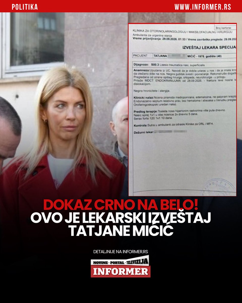 InformerNovine's tweet photo. Informer je došao u posed lekarskog izveštaja odbornice Kreni-Promeni Tatjane Mićić, koja je tvrdila da ju je fizički napao gradonačelnik Beograda Aleksandar Šapić, te da je zadobila teške povrede, ali pokazalo se upravo suprotno. https://t.co/mLEABVkgsR