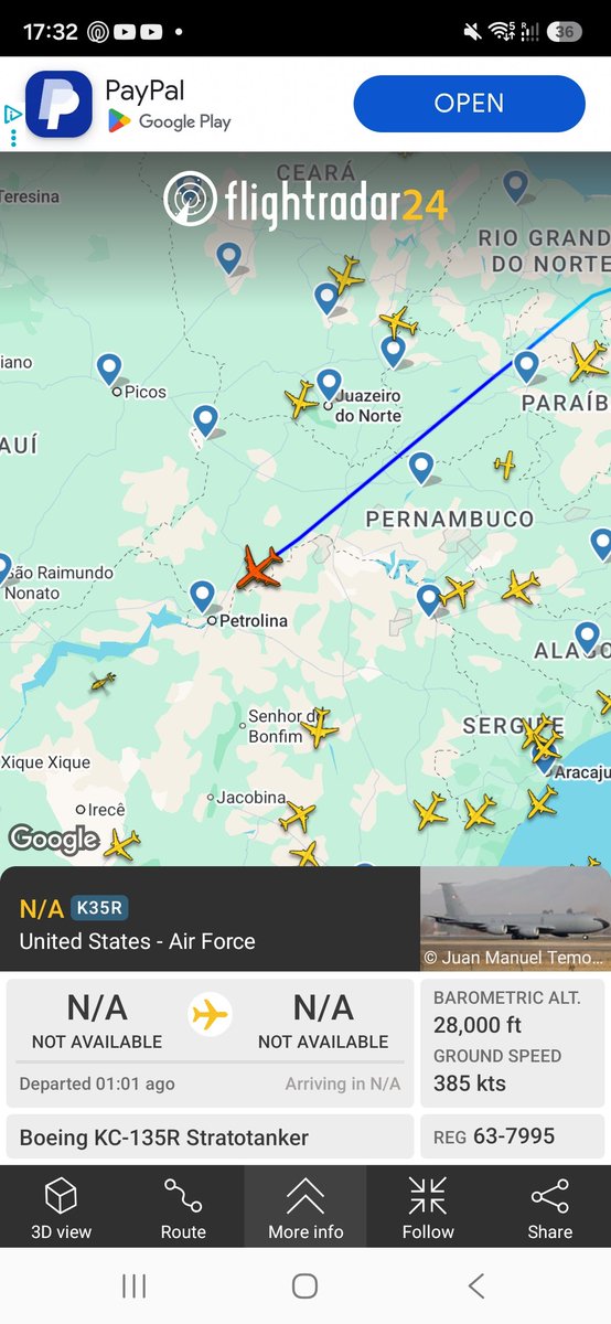 SuperTito200's tweet photo. Arranca el último trayecto de los F-16 Argentinos que ya partieron de Natal,  detras de los KC-135R. #ferryII #f16Argentina #milei #Malvinasargentinas #usaf #KC135 https://t.co/8DLinQIhKh