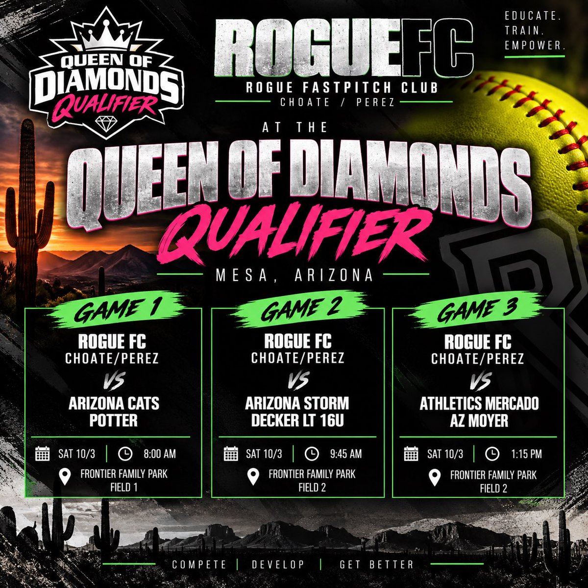 RogueFC_CP's tweet photo. 🔥🥎 QUEEN OF DIAMONDS QUALIFIER — LET’S WORK! 🥎🔥

Rogue FC Choate/Perez is back on the field this weekend with three games on Saturday in Mesa!

🆚 Arizona Cats Potter | 8:00 AM
🆚 Arizona Storm Decker LT 16U | 9:45 AM
🆚 Athletics Mercado AZ Moyer | 1:15 PM

Three games. Three opportunities to compete, execute, and get better. Bring the energy and set the tone from the first pitch.

⚡ ROGUE FC CHOATE/PEREZ
COMPETE | DEVELOP | GET BETTER

#RogueFC #ChoatePerez #QueenOfDiamonds #FastpitchSoftball #ArizonaSoftball #16USoftball #TournamentWeekend