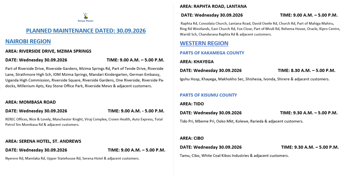 KenyaPower_Care's tweet photo. Good Evening. The listed areas will be under planned power maintenance tomorrow (30.09. 2026). The interruption is part of network maintenance. We regret any inconvenience that may occur during the operations. For the advance notice, use https://t.co/SvRCLsHI83. To access the latest schedule, check under the most recent date. You can also enjoy added convenience by chatting with Nuru via: https://t.co/8cjQP8ZmSk. ^LW