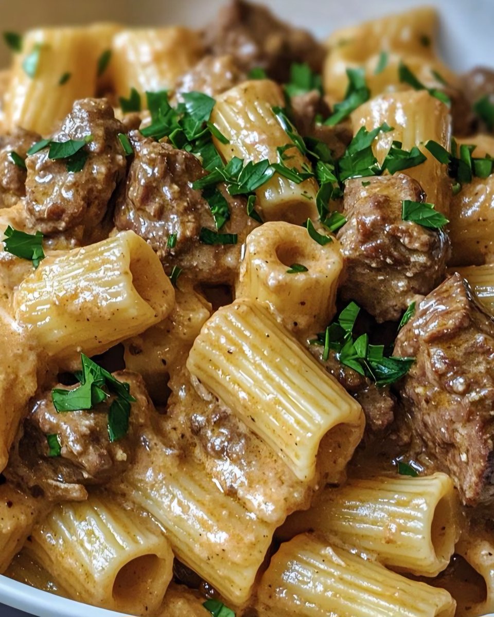 LabMariam48488's tweet photo. Creamy Beef Rigatoni

Serves: 4
Prep Time: 15 minutes
Cook Time: 25 minutes
Total Time: 40 minutes

Ingredients

Beef

- 500 g beef sirloin or stewing beef, cut into 2–3 cm cubes
- ½ teaspoon salt
- ½ teaspoon freshly ground black pepper
- 1 teaspoon paprika
- 1 tablespoon vegetable or olive oil

Creamy Beef Sauce

- 1 tablespoon butter
- 1 small onion, finely diced
- 3 garlic cloves, minced
- 1 tablespoon tomato paste, optional
- 1 tablespoon all-purpose flour
- 250 ml beef stock
- 1 teaspoon Worcestershire sauce
- ½ teaspoon dried thyme or Italian seasoning
- 180 ml heavy cream
- 40–50 g grated Parmesan cheese

Pasta

- 340 g rigatoni
- Salt, for the pasta water
- 120 ml reserved pasta water, as needed

Garnish

- 2 tablespoons fresh parsley, chopped
- Additional freshly ground black pepper

Method

1. Season and sear the beef: Pat the beef dry and season with salt, black pepper, and paprika. Heat the oil in a large, deep skillet over medium-high heat. Sear the beef in batches for 2–3 minutes per side until well browned. Transfer to a plate.

2. Sauté the aromatics: Reduce the heat to medium. Add the butter and diced onion. Cook for 3–4 minutes until softened. Add the garlic and tomato paste, if using, and cook for 30–60 seconds.

3. Build the sauce: Sprinkle the flour over the onion mixture and cook for 1 minute, stirring constantly. Gradually whisk in the beef stock, scraping the browned bits from the bottom of the skillet.

4. Simmer the beef: Stir in the Worcestershire sauce and thyme or Italian seasoning. Return the seared beef and any accumulated juices to the skillet. Simmer gently for 8–12 minutes, or until the beef is tender and the sauce has reduced slightly. For tougher stewing beef, cover and simmer longer, adding a little extra stock when necessary.

5. Cook the pasta: Meanwhile, bring a large pot of salted water to a boil. Cook the rigatoni until al dente according to the package instructions. Reserve 120 ml of pasta water, then drain.

6. Finish the sauce: Reduce the skillet heat to low. Stir in the cream and Parmesan until smooth. Avoid boiling vigorously once the cream has been added.

7. Combine: Add the cooked rigatoni to the skillet and toss until thoroughly coated. Add reserved pasta water, a little at a time, until the sauce becomes glossy and coats the pasta without being too thick.

8. Season and garnish: Taste and adjust the salt and black pepper. Finish generously with chopped parsley and additional freshly ground black pepper.

Chef's Notes

- Beef: Sirloin cooks relatively quickly. If using tougher stewing beef, allow additional simmering time until tender.
- Sauce: The finished sauce should be creamy beige-brown, rather than bright red. Use tomato paste sparingly for colour and depth.
- Pasta water: Add gradually; its starch helps emulsify and bind the sauce to the rigatoni.
- Serving: Serve immediately while the sauce is creamy and glossy.
#MariamFoodLab