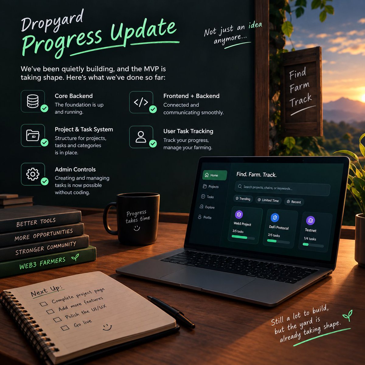 dropyardapp's tweet photo. Dropyard update 🌱

We’ve been quietly building, and MVP is taking shape

→ Core backend is up
→ Frontend + backend are connected
→ Project &amp; task system is being built
→ Admin controls are coming together

Still plenty left to build.

But Dropyard is no longer just an idea👀 https://t.co/4sDZouMJFR
