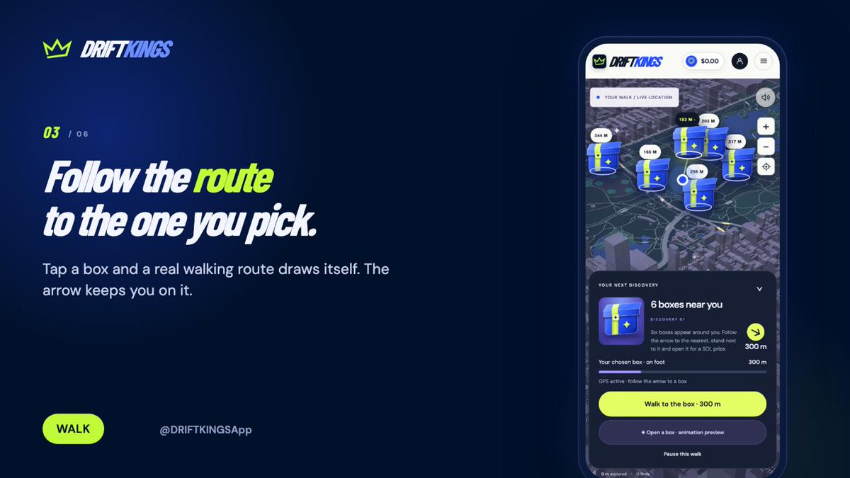 DRIFTKINGSApp's tweet photo. Pick a box and follow the route!

Tap any box you choose, and a real walking route draws itself on the map. A directional arrow keeps you right on track until you reach your goal. https://t.co/gWFMp10qre