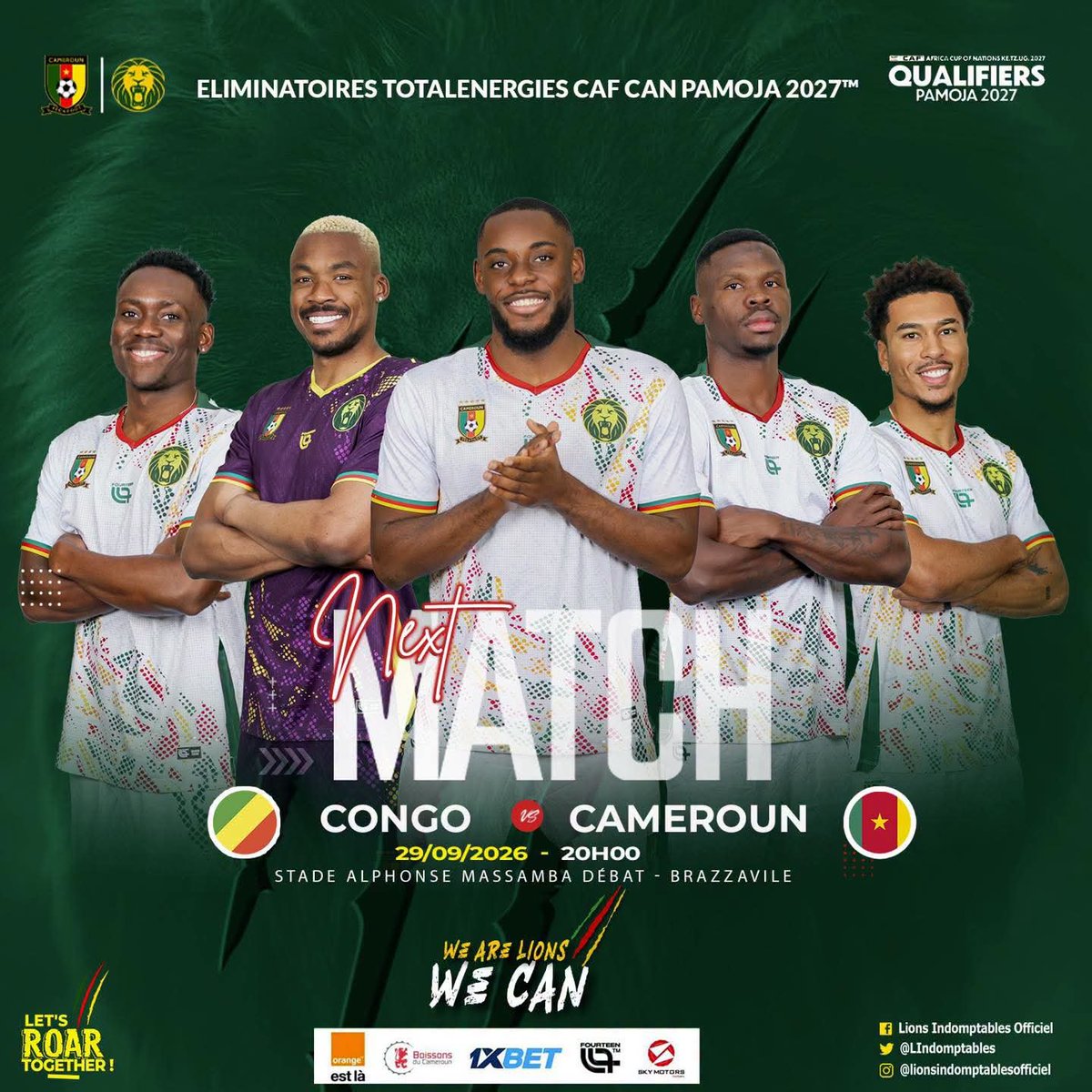 WeekendSL's tweet photo. Éliminatoires ##CAN2027 | Congo– Cameroun
Les #LionsIndomptables jouent ce mardi 29 septembre la 2ᵉ journée des éliminatoires de la CAN 2027.
Ce sera au stade Alphonse-Massamba-Débat, à Brazzaville dès 20h00
#CONCMR #GOLIONS https://t.co/xBdupDdCur