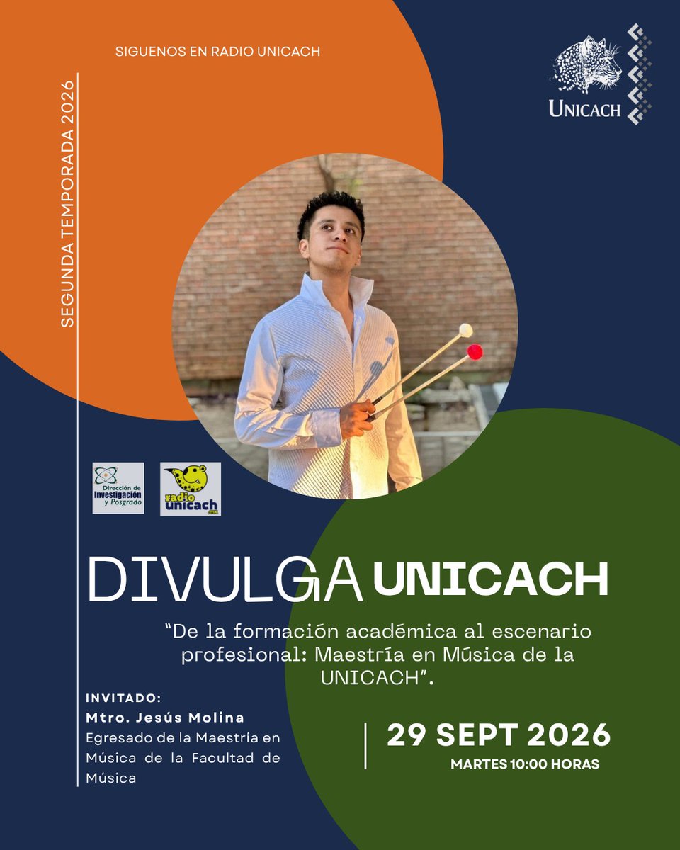Unicachfm's tweet photo. #Divulga Unicach
Divulga Unicach Ciencia, Arte y Humanidades
Conduce: Lic. Laura Matus.
Tema: “De la formación académica al escenario profesional: Maestría en Música de la UNICACH”.
Invitado: Mtro. Jesús Molina. https://t.co/OYP6euOFdo 10hrs. https://t.co/nmUCFDjLST