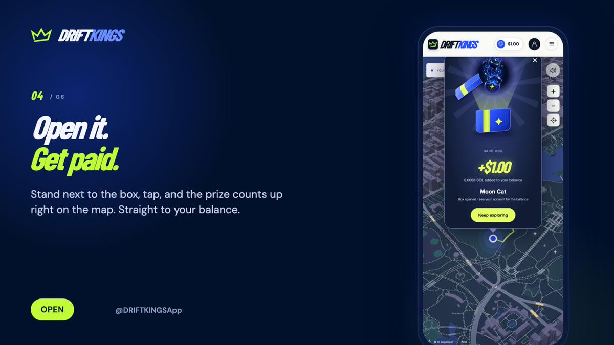 DRIFTKINGSApp's tweet photo. Open it. Get paid.

Once you arrive, stand next to the box and tap to open it. Watch your prize count up right on the map and go straight to your balance! https://t.co/lwRu27mtAf