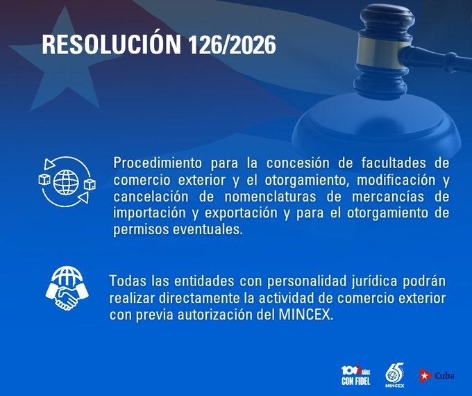 AnaTeresitaGF's tweet photo. ‼️Disponible la norma para la concesión de facultades de comercio exterior y el otorgamiento, modificación y cancelación de nomenclaturas de mercancías de importación y exportación:

📄 Resolución 126/2026 | GOC-2026-487-O73

🔗 https://t.co/jpSq0LcvCN

#CrecerConCuba https://t.co/DIQuWRUDkG