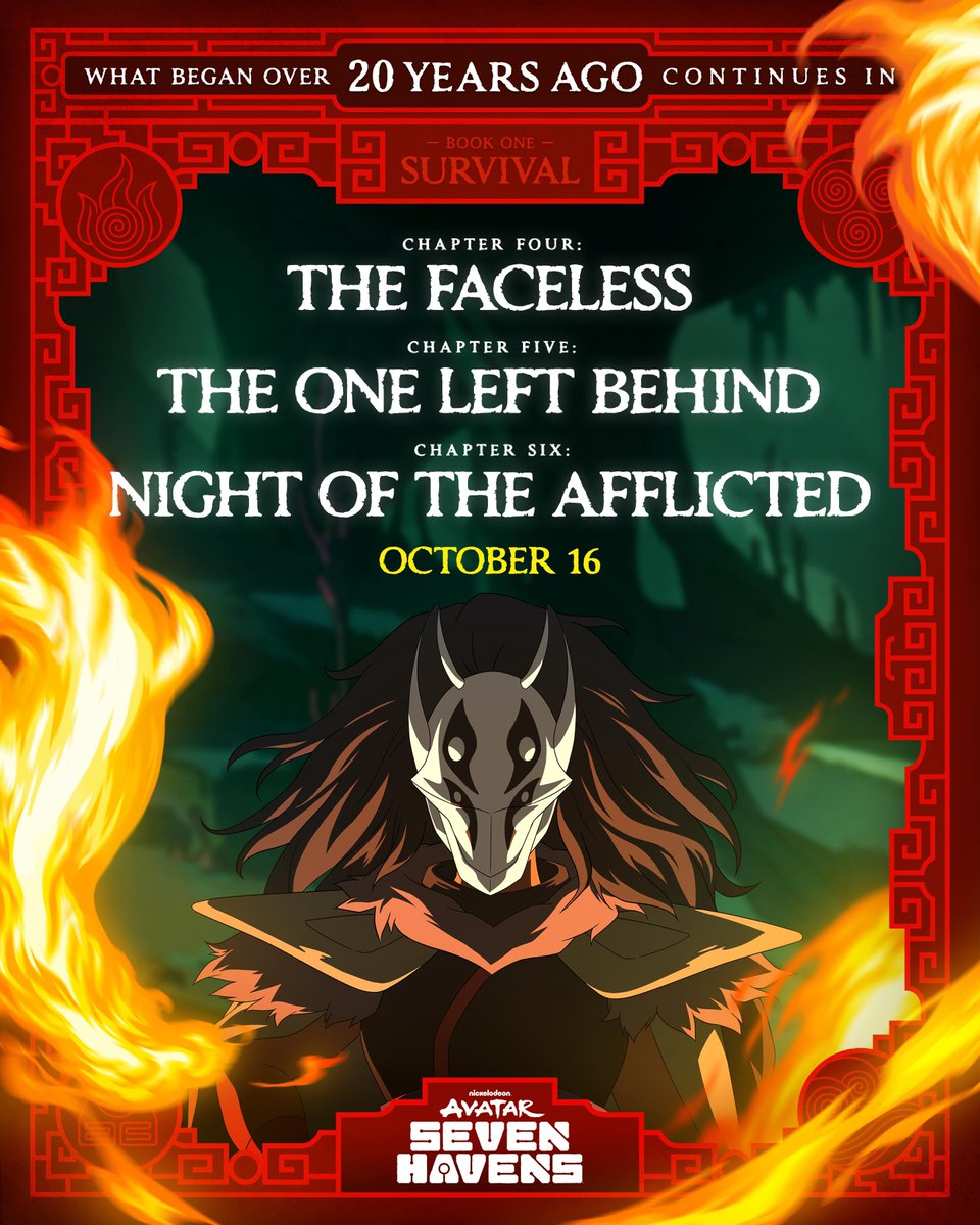 AvatarverseTV's tweet photo. The fourth, fifth and sixth episode titles for Avatar: Seven Havens have just dropped!

Chapter Four — “The Faceless”
Chapter Five — “The One Left Behind”
Chapter Six — “Night of the Afflicted” https://t.co/V18bJm7SFx