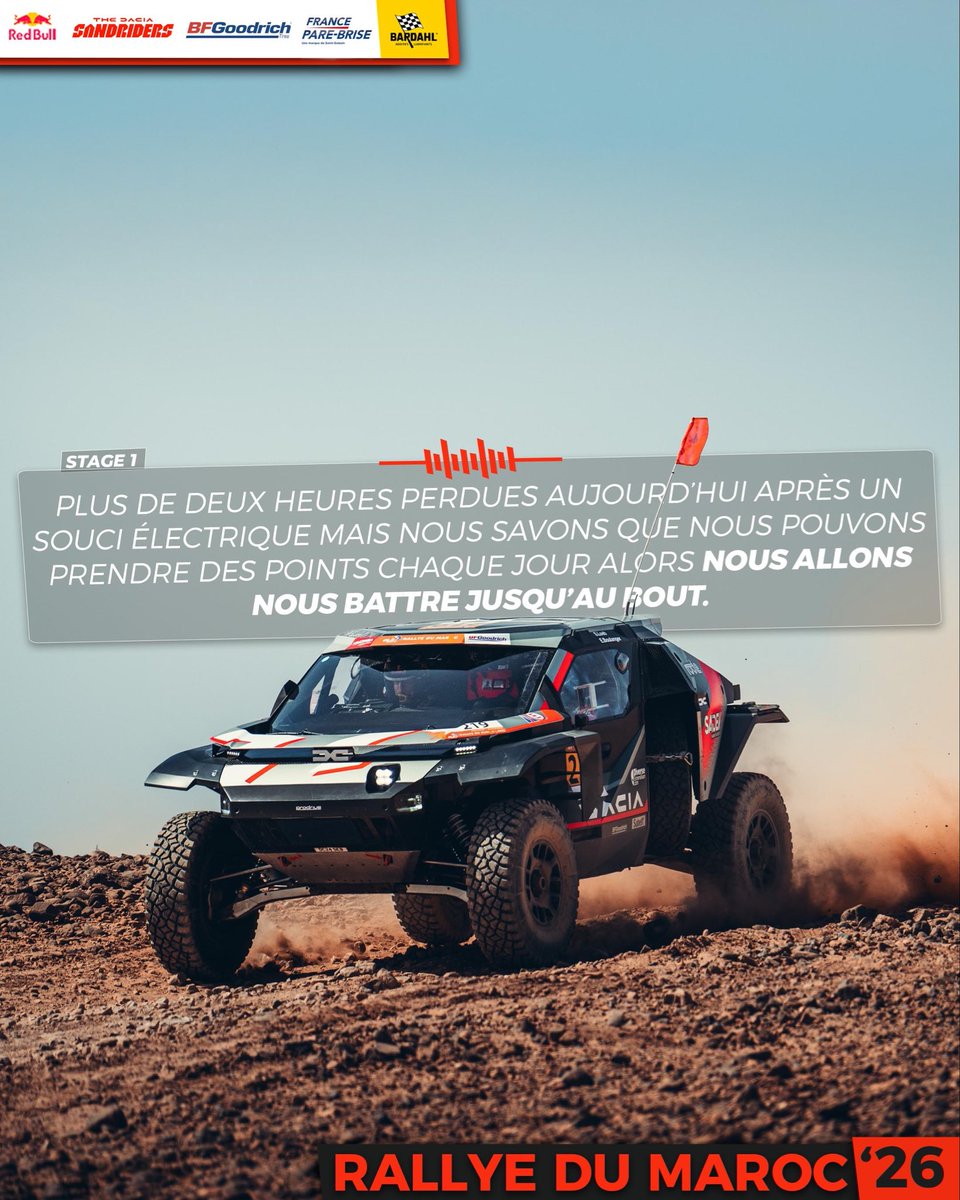 SebastienLoeb's tweet photo. 💬 We lost more than two hours today due to an electrical issue, but we know we can score points every day, so we’re going to fight until the end.  

#TheDaciaSandriders #W2RC #RedBull #RichardMille #BFGoodrich #Bardahl #Bell #FrancePareBrise https://t.co/harQnibN8Y