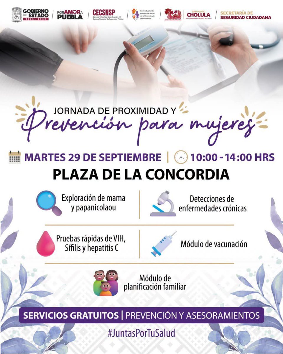 TodoCholulaMX's tweet photo. 💜 Hoy, 29 de septiembre, participa en la Jornada de Proximidad y Prevención para Mujeres, de 10:00 a 14:00 h en la Plaza de la Concordia. 🩺 Servicios gratuitos de prevención, detección, vacunación y asesoramiento. #JuntasPorTuSalud
@TonantzinFdz https://t.co/nyBNUKzz88