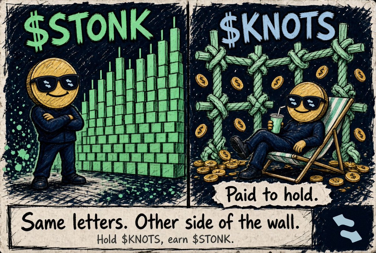 Ajetcrypt's tweet photo. My first submission for the @KnotsOnStonk Meme Contest 

Same wall
Same guy
Different side
On the left, he's staring at a wall of green candles, waiting for a breakout.

On the right, the wall has tied itself in knots and $STONK is landing in his lap.
Hold $KNOTS Get paid in $STONK  
No staking, no claiming.

Same letters,other side of the wall.
@KnotsOnStonk 
#KNOTS